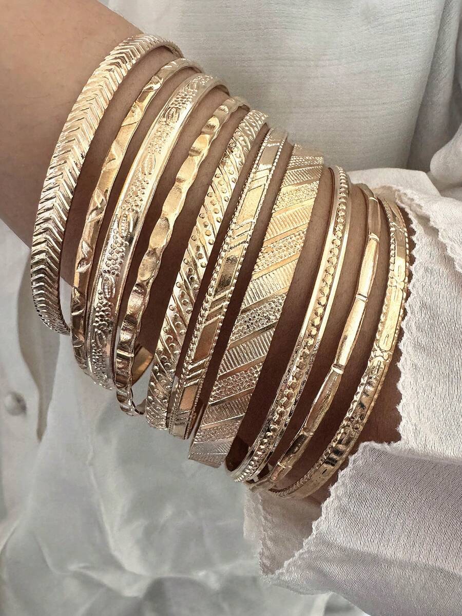 7 件/9 件/10 件/14 件时尚星星和心形图案开口手镯套装，适合女士，几何多元素设计，适合日常佩戴、度假和时尚礼物 - 金黃色 - 查看 1