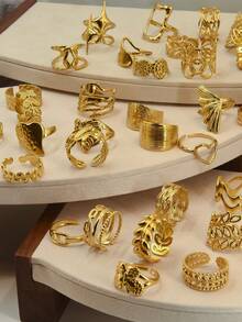 16 件套不锈钢金色 3D 图案混合优质戒指 - 金色 - 查看 2