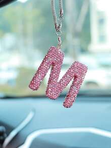 1pc Car Accessories Interior Decor, Full Diamond Pink Letter Car Rearview Mirror Decoration Hanging Ornament - Black - View 9