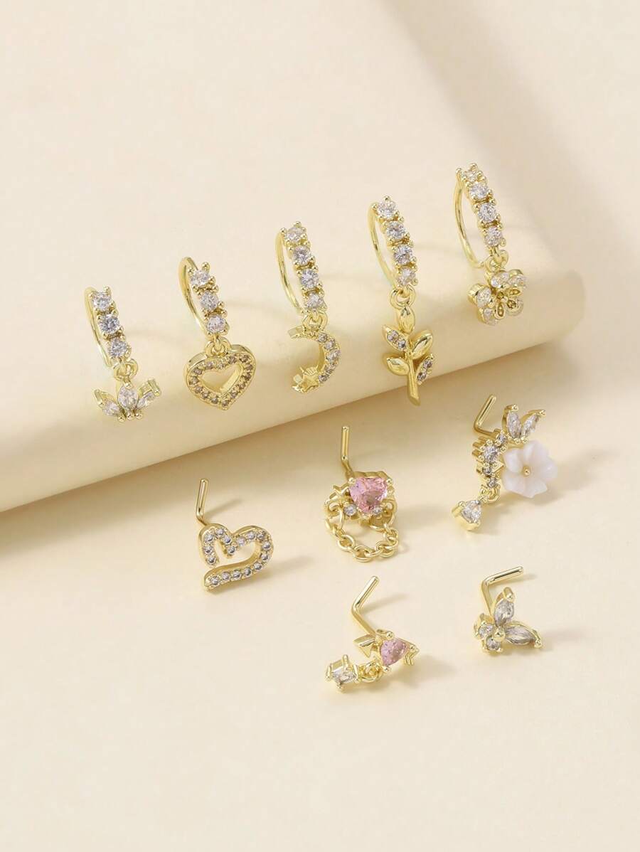 10Pcs 20G Dangle Nose Ring L Shaped Dangling Nose Stud For Women Stainless Steel Nose Ring Studs CZ Flower Dangle Nose Rings Hoops Nose Piercing Jewelry