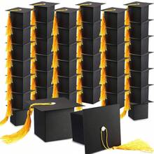 15PCS/35CS Black Bachelor Hat Graduation Candy Boxes 2025 Doctoral Cap Gift Packaging Box Black Graduation Celebration Centerpieces Chocolate Cookie Box With Tassel For Graduation Ceremony Party Supplies - Black Box + Yellow Rope - View 3