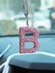 1pc Car Rearview Mirror Decoration With Full Diamond Letters Car Interior Pendant Car Interior Decoration Accessories - Pink - View 23