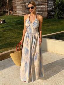 Livesso Tie-Dye Tie Dye Floral Print Long Spaghetti Strap Dress For Women Summer Cruise Women Outfits Sundress