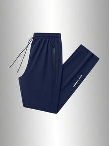 1pc Men's Casual Long Pants, Autumn/Winter Style, Soft & Comfortable Fabric, Reflective Leg Design + Zipper Pocket, Suitable For Running Sports - Blue - View 4