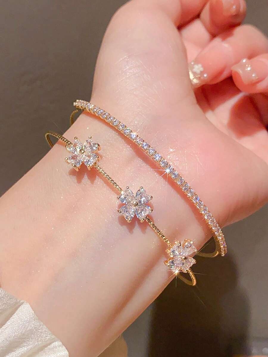 1pc Zirconia Flower Cross Dual-Layer Open Bangle Bracelet, Lightweight Luxury Design, Fashion, Versatile Accessory Suitable For Daily, Party, And Gift Giving - Gold - View 1