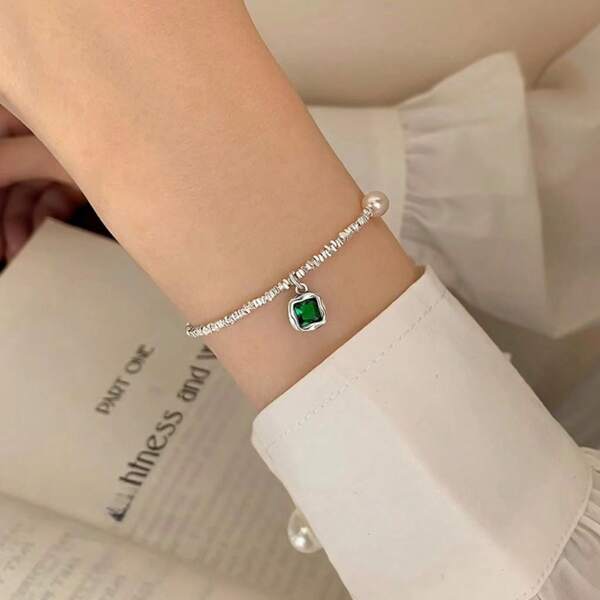 1 Piece Of Sterling Silver Irregular Broken Silver Several Taels New Product Internet Celebrity Green Stone Brand Pearl Bracelet For Girls' Luxury Best Friend Bracelet