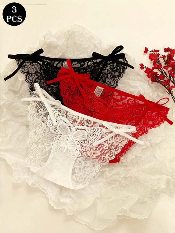 3PCS/Set Luxury Floral Embroidery Lace Panties Women Briefs Sexy Hollow Lingerie Female Underwear Ladies Breathable Underpants