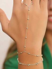 1 Pc Multilayer Metallic Ball Chain Link Finger Hand Bracelet, Unique Design For Women, Suitable For Summer Beach