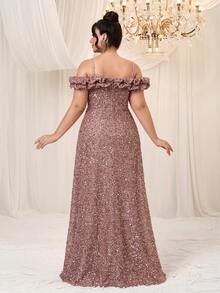 YISIKADO Vestido de fiesta largo para mujer de talla grande con tirantes de espagueti, escote en V profundo, manga corta, hombros descubiertos y adornos de volantes, para ceremonia, fiesta, boda, graduación o cena