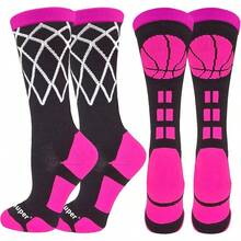 Youper Elite - Calcetines de baloncesto con logotipo y red de baloncesto (2 pares), calcetines deportivos para hombres, niños, mujeres y niñas - Red/Baloncesto Negro Rosa - Ver 2