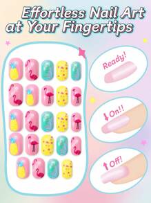 NAIO 24 Pieces Kids Of Children's Press On Nail Stickers Naio Children's Artificial Nail Stickers Pre-Glued Full Coverage Short Acrylic Nails Suitable For Girls' Children's Nail Decoration (Peacock Spreads Its Tail)