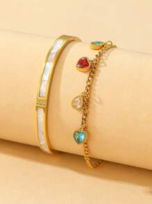 2pcs Anti-Allergic Luxury 18K Gold Moissanite Diamond Bracelet & Bangle Set | Layered Wearing Jewelry Set, Gift For Girlfriend, Friend On Valentine's Day, Birthday