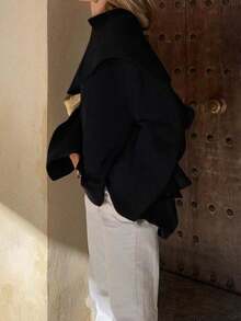 DEEKA Autumn/Winter New Arrival Casual Poncho Style Crew Neck Long Sleeve Short Knitted Cardigan Coat Black Spring - Black - View 3