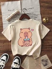 Camiseta de manga corta de cuello redondo con estampado casual para niñas y adolescentes estudiantes, en color albaricoque, para verano