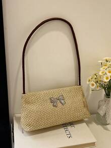 女士撞色蝴蝶结草编单肩包，时尚度假风 - 咖啡 - 查看 7