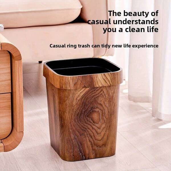 1pc Retro Imitation Wood Grain Trash Can, Household Kitchen Bathroom Waste Bin, Creative Living Room Bedroom Office Large Luxury Garbage Can