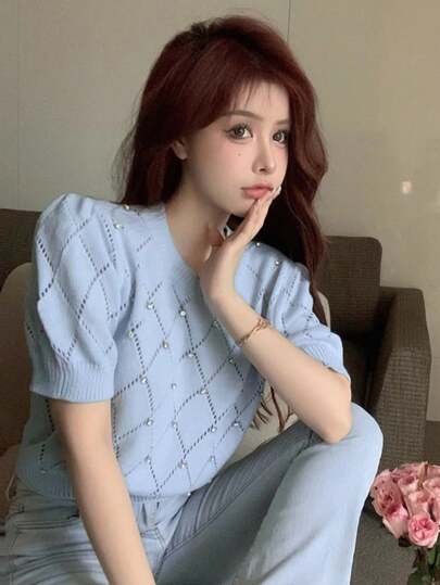 修身针织上衣（随机菱形图案），夏季