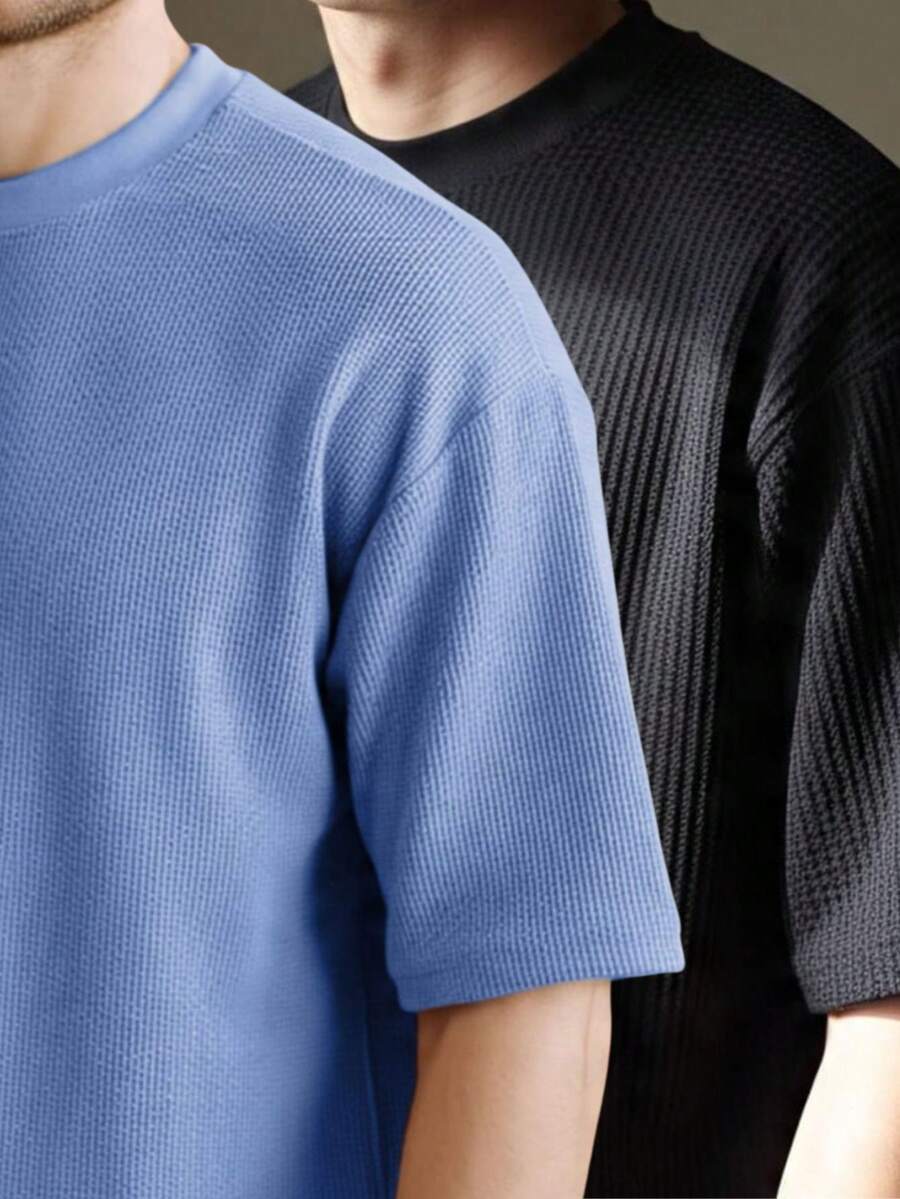 Kit 2 RelaxMax Men's Casual Oversized Textured Mesh Shirt - 黑色和藍色牛仔褲 - 查看 1