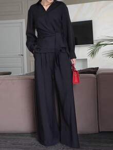 Women's 2 Pieces Set Featuring V-Neck Tie Front Long Sleeve Top & High Waist Casual Pants, Solid Color Casual