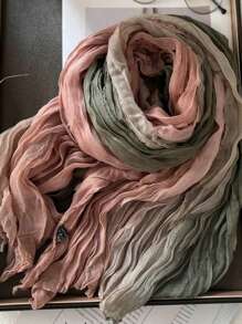 1pc Women Long Lightweight Ombre Linen-Look Scarf, Soft Breathable Pleated Shawl Wrap, Fashionable For Daily Outfits, Beach, Travel And Sun Protection