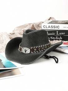 1pc Casual Bull Star Pattern Boho Rivet Bow Straw Sun Hat, Fashionable Versatile Beach Holiday Shade Hat For All Seasons