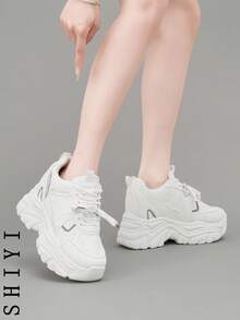 Zapatillas de cuña con cordones casuales y de uso diario para mujer - Blanco - Ver 4