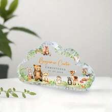 Presente Personalizado de Batizado Placa Acrílica em Formato de Nuvem com Animais, Lembrança Personalizada com Nome, Data, Menino ou Menina, Presente de Batismo