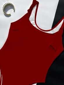 Women's Solid Color Square Neck One-Piece Swimsuit. Designed With A Minimalist Square Neckline And Wide Straps, In A Vibrant Color That Radiates Energy. - Red - View 3