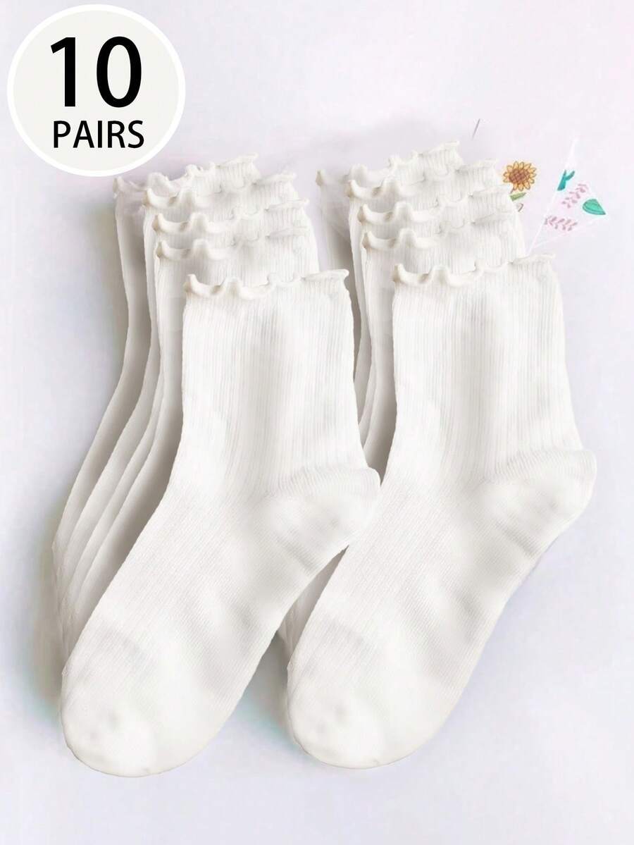 1 双/10 双女式白色荷叶边休闲百搭中筒袜，秋季袜子 - 白色 - 查看 1