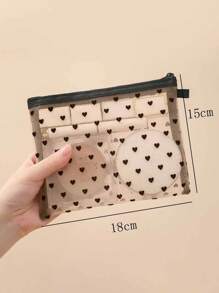 1 pieza Mini bolsa de maquillaje con forma de corazón y malla, estuche portátil multiuso transparente con felpa para lápices labiales