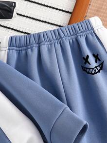 幼儿卡通印花保暖圆领运动衫和裤子套装 - 藍色 - 查看 5