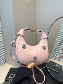 2025新款夏季时尚单肩女包休闲纯色简约铆钉装饰手提包甜美姐妹风个性月牙包手提单肩斜挎多用途度假摄影百搭单品包包 - 彩色 - 查看 12