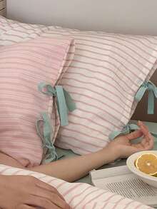 1 vỏ gối thắt nơ, màu be nhạt/khaki/hồng thoải mái, họa tiết sọc có nơ, thích hợp cho phòng khách, phòng ngủ, ký túc xá, có thể giặt bằng máy (không bao gồm ruột gối) - Màu Hồng baby - Xem 4