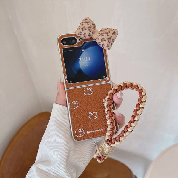 Sanrio Retro Leopard Print Bow Cartoon Kitty Folding Phone Case With Lanyard Suitable For Samsung Galaxy Z Flip3 5G/Galaxy Z Flip 4 5G/Galaxy Z Flip 5 5G/Galaxy Z Flip 6 5G, Fashion Women Phone Case