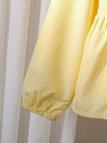 女孩时尚优雅蝴蝶结条纹长袖休闲上衣，适合春秋夏季穿着 - 黃色 - 查看 6