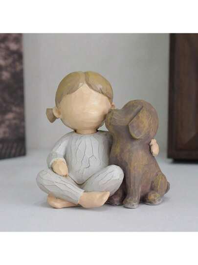 1 peça Escultura de cachorro fofo abraçando menina anjo, ornamento de decoração para casa para estante de sala de estar, estatueta de cachorro de estimação de resina