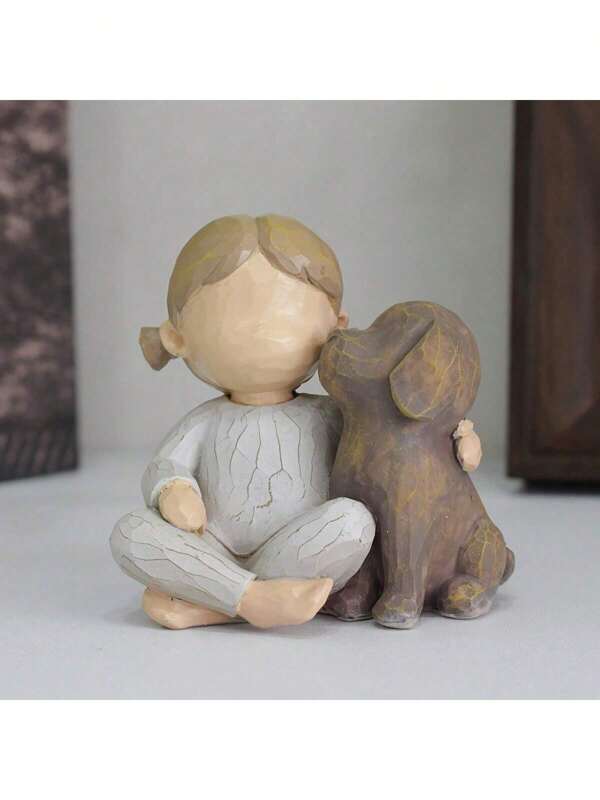 1pc Cute Angel Girl Hugging Puppy Dog Sculpture, Home Decor Ornament For Living Room Bookshelf, Resin Pet Dog Figurine