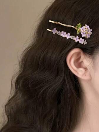 2 Packs Flower Print Bohemian Zinc Alloy Wisteria Flower Hairpin Luxury High-Grade Sense Bangs Broken Hairpin Exquisite Simple Side Clip Hairpin., Claw Clips, Hair Claws, Clips For Hair, Hair Slide, Hair Barrettes, School Stuff