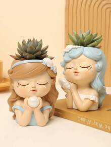 Cute Head Planter Resin Succulent Little Girl Flower Pot, Human Face Cactus Plants Container Bonsai Holder Thumb Fairy Figurine Statue With Drainage Decor Gift (Blue & Green) - Multicolor - View 2