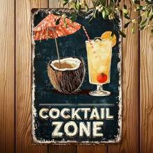 Un letrero metálico retro de "Zona de Cócteles" de 8x12 pulgadas, con un diseño tropical de coco y bebida, un arte de pared duradero adecuado para decoración del hogar, oficina, bar o cafetería, para uso interior/exterior, decoración de bar, perfecto para decoración de habitación.