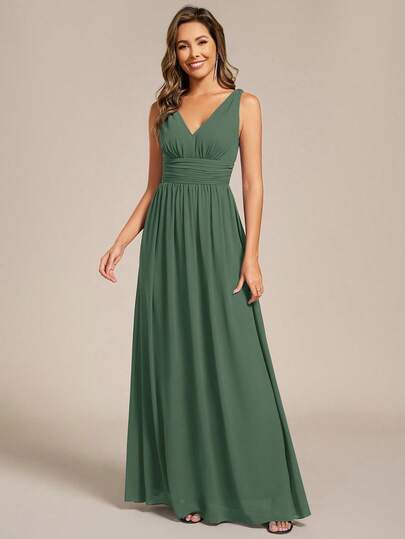 EVERPRETTY Elegant Chiffon V Neck Sleeveless Ruched Maxi Formal Olive Green Bridesmaid Dress For Wedding Graduation