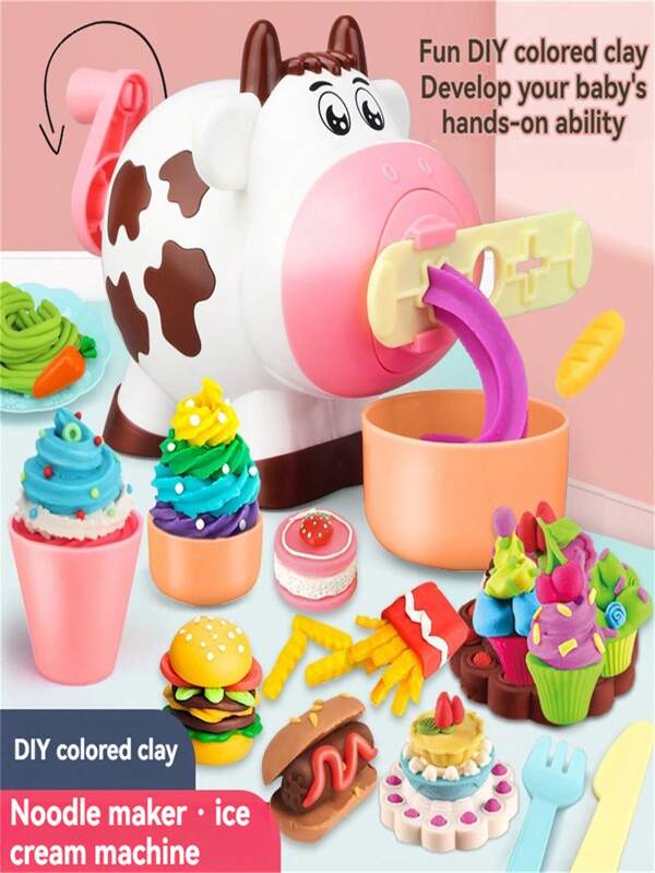 19pcs Kids Fun Educational Cartoon Cow Playdough Set, Hand-Eye Coordination Color Sensory Sorting Cognitive 2-In-1 Playdough & Noodle Maker, Creativity Building STEM Indoor Toy, Parent-Child Interactive Toy, Creative Birthday/Back To School/Christmas Gift