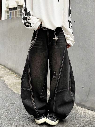 1件复古拼接做旧男士桶形牛仔裤，舒适休闲阔腿宽松牛仔裤（不含腰带和配饰），颓废风