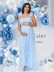 JustVH 孕妇吊带花卉网纱连衣裙，适合迎婴派对、婴儿派对、写真拍摄，夏季长款礼服，春假穿着 - 藍色 - 查看 5