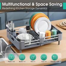 New Extendable Dish Drainer Rack Stainless Steel Foldable Dish Rack With Removable Cutlery Holder And AntiScratch Holder Adjustable Draining Board Rack With Drainage Spout Gray - Grey - View 3
