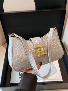 Bolso de hombro cruzado con capacidad grande estilo francés 2025 con diseño de parches de patrón de piel de serpiente - Plateado - Ver 1
