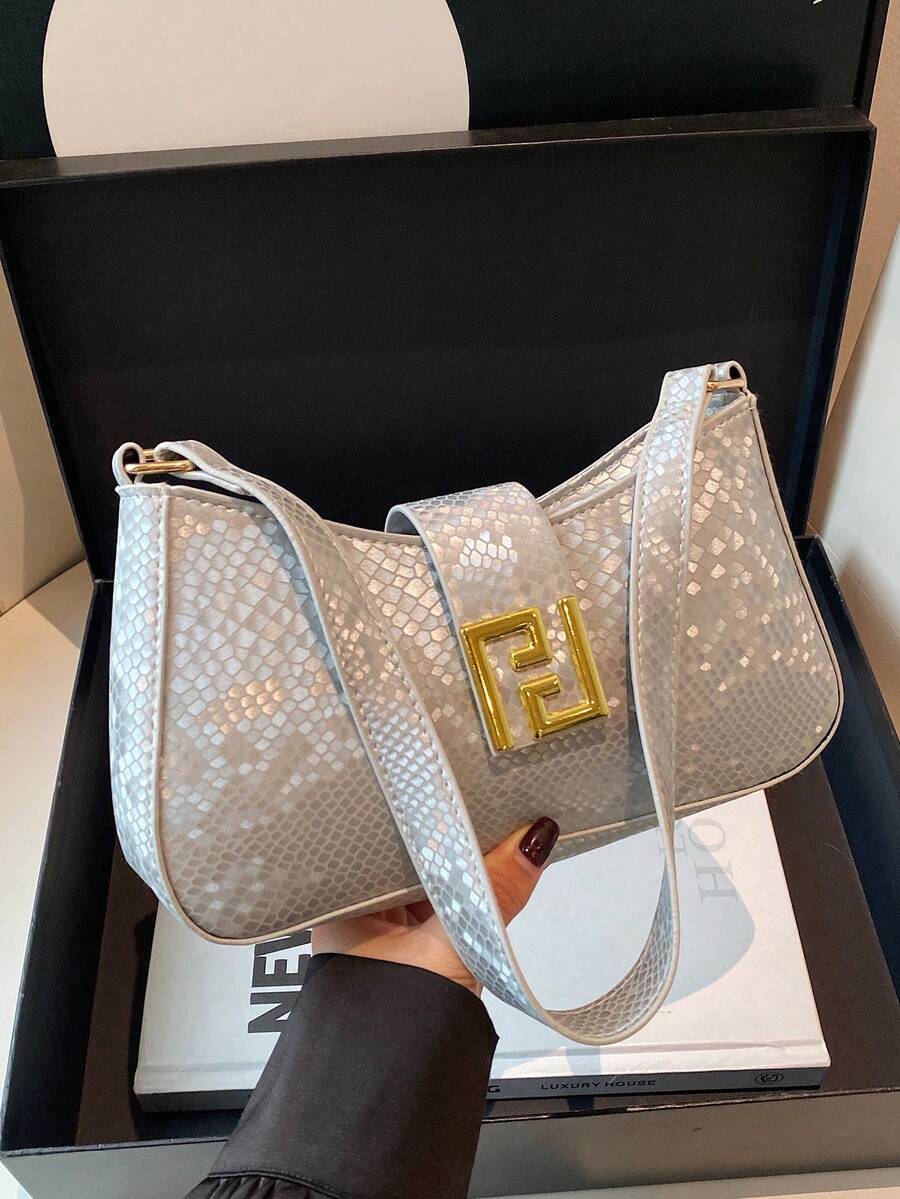 Bolso de hombro cruzado con capacidad grande estilo francés 2025 con diseño de parches de patrón de piel de serpiente - Plateado - Ver 1