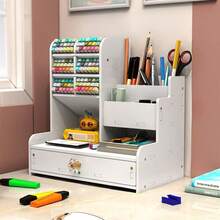 多功能桌面收纳盒，大容量木质塑料笔筒，办公及学生用品收纳 - 白色 - 查看 12