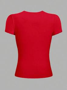 PLAYERA DE DAMA  LISA  MANGA CORTA CUELLO RENDONDO PARA ESTE VERANO IDEAL PARA GYM O CASUAL - Rojo - Ver 3