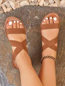 女士平底凉鞋，时尚交叉松紧带，舒适休闲户外简约凉鞋，适合海滩、派对，轻便方便